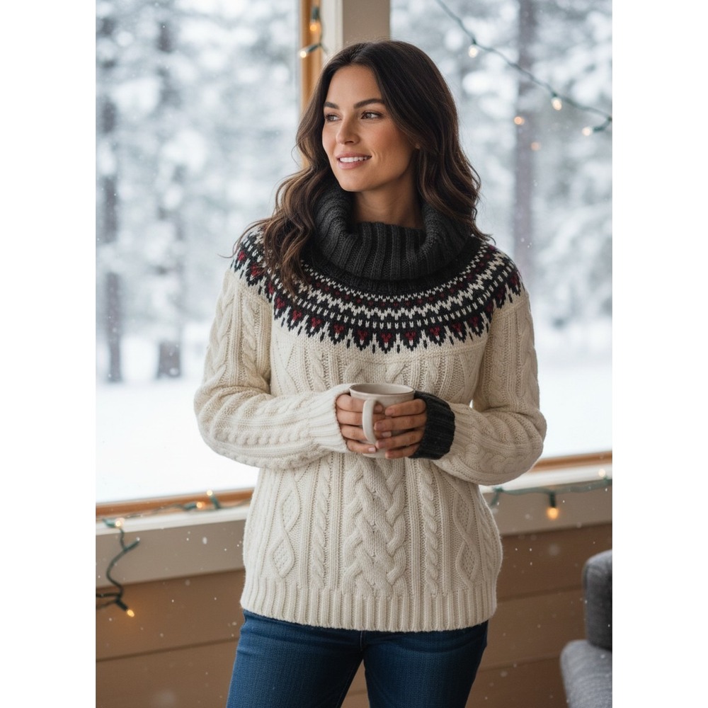 St Johns Bay Petite Fair Isle Cable Knit Cowl Neck Sweater Cream Black PL